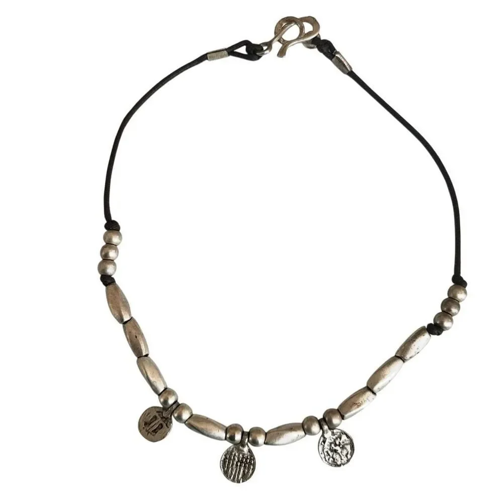 Silver Tone Beaded Leather Necklace with Textured Disc Charms
